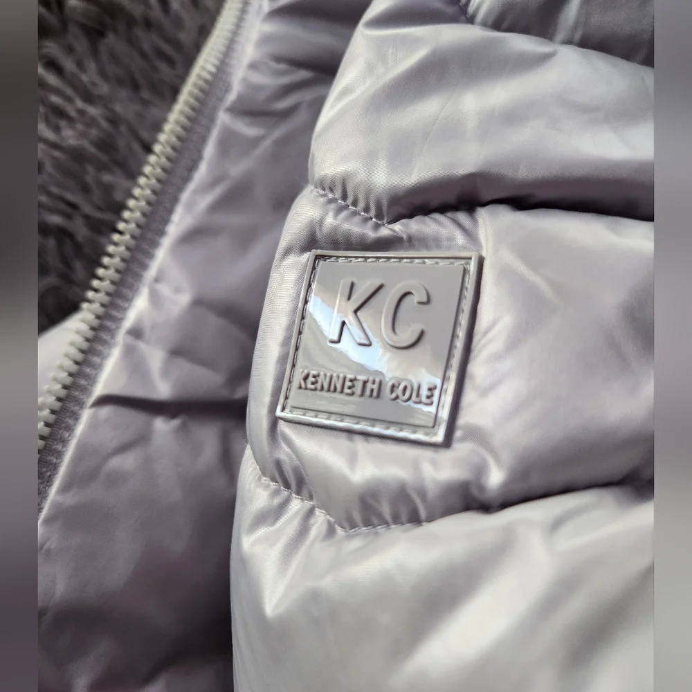 Silver Quilted Puffer Jacket with Faux Fur Hood